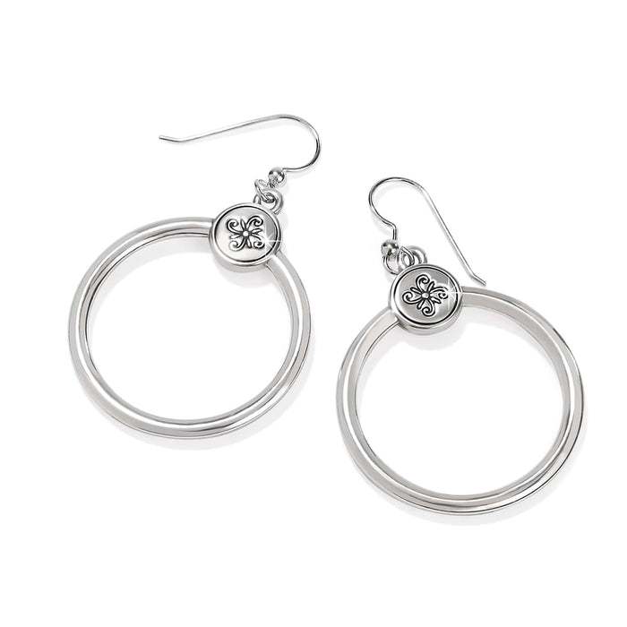 Brighton hoop drop earrings with silver-tone rings and engraved floral medallion accents on a white background
