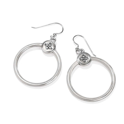 Brighton hoop drop earrings with silver-tone rings and engraved floral medallion accents on a white background