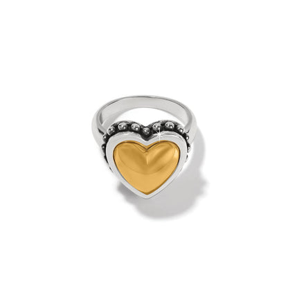 Brighton ring with two-tone gold heart center and silver-tone beaded band detail on a white background