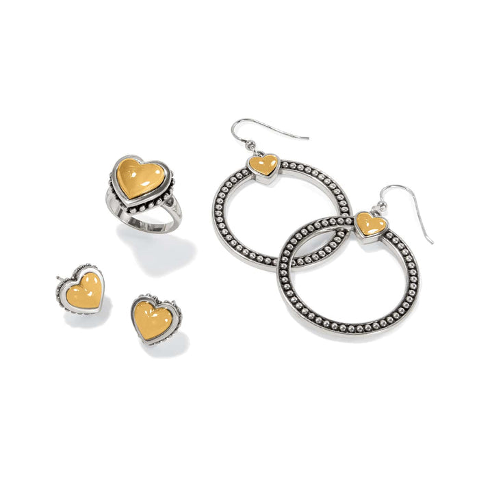 Brighton two-tone heart jewelry set with ring, stud earrings, and beaded hoop drop earrings on a white background