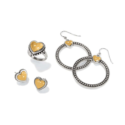 Brighton two-tone heart jewelry set with ring, stud earrings, and beaded hoop drop earrings on a white background