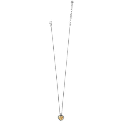 Brighton pendant necklace with two-tone gold heart charm and silver-tone chain with extender on a white background