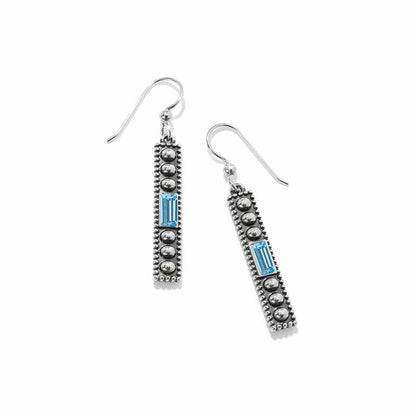 Brighton drop earrings with silver-plated beaded bars and blue crystal baguette accents on a white background