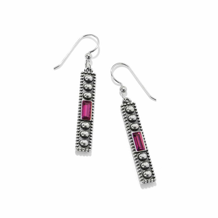 Brighton drop earrings with silver-plated beaded rectangular bars and pink crystal baguette accents on a white background