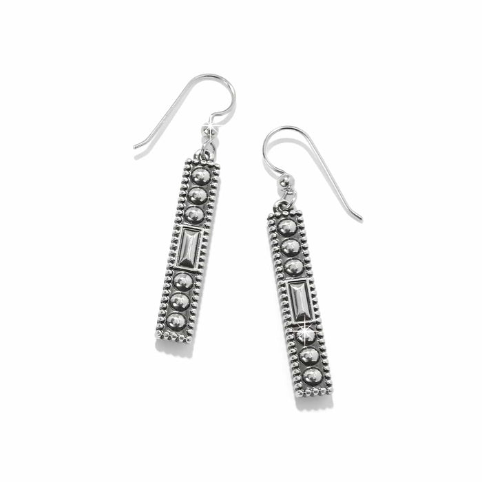 Brighton drop earrings with silver-plated beaded bars and crystal baguette accents on a white background