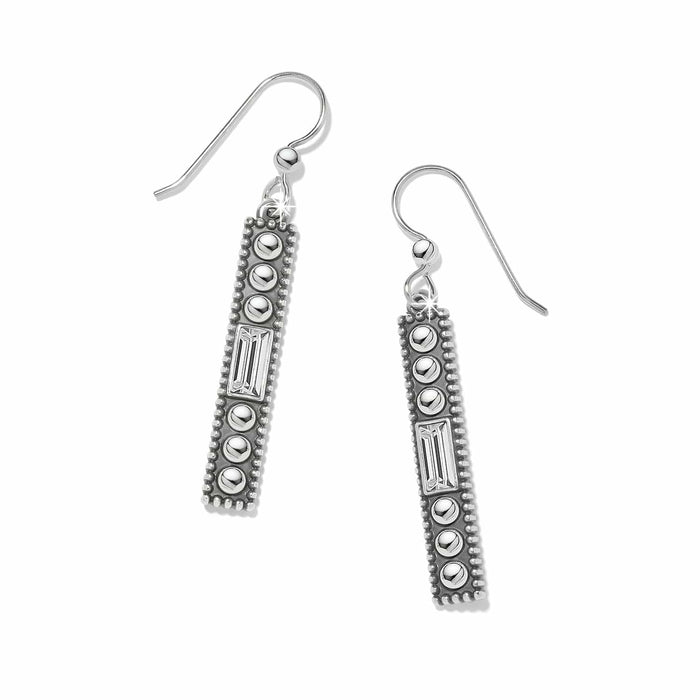 Brighton drop earrings with silver-plated beaded bars and crystal baguette accents on a white background