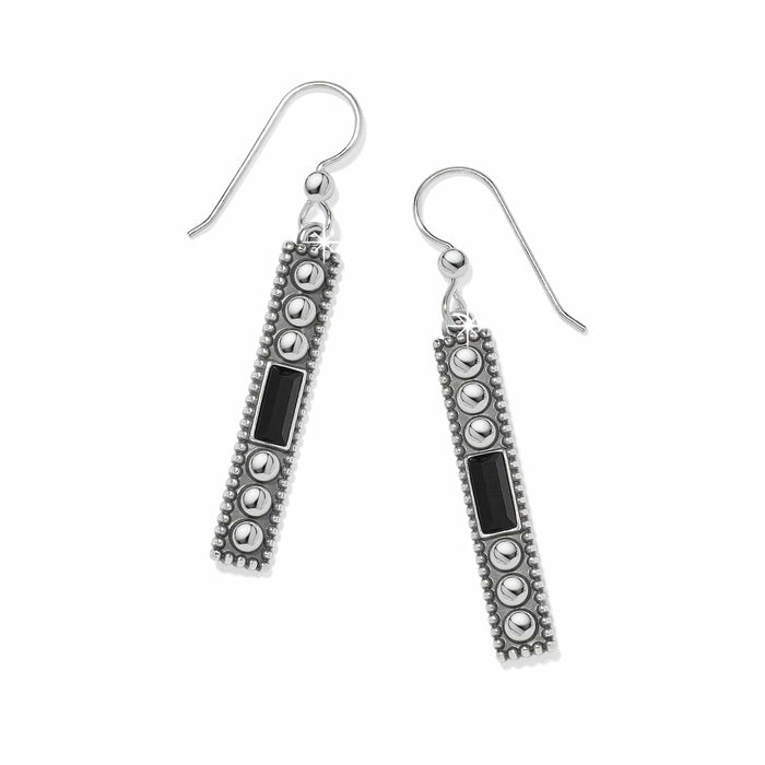 Brighton drop earrings with silver-plated beaded bars and black crystal baguette accents on a white background