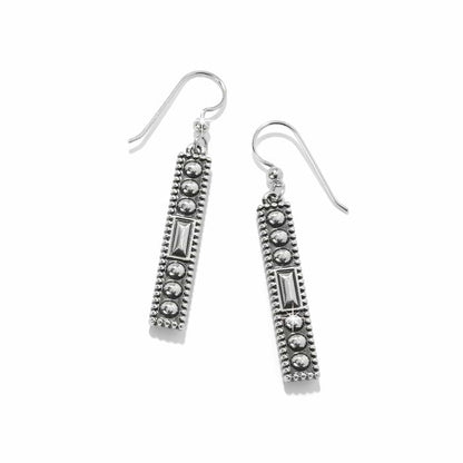 Brighton drop earrings with silver-plated rectangular bars, beaded detail, and crystal accents on a white background