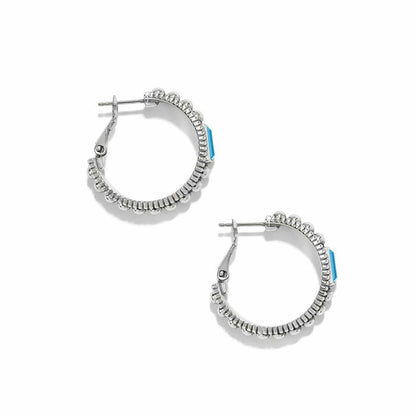 Brighton silver-plated hoop earrings with beaded edges and small blue crystal accents on a white background