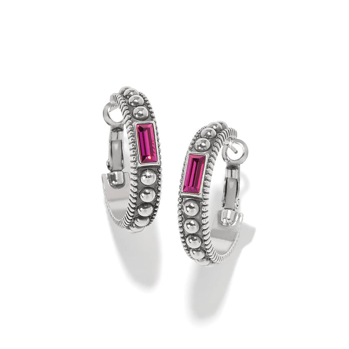 Brighton silver-plated hoop earrings with beaded detailing and pink crystal baguette accents on a white background
