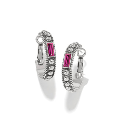 Brighton silver-plated hoop earrings with beaded detailing and pink crystal baguette accents on a white background