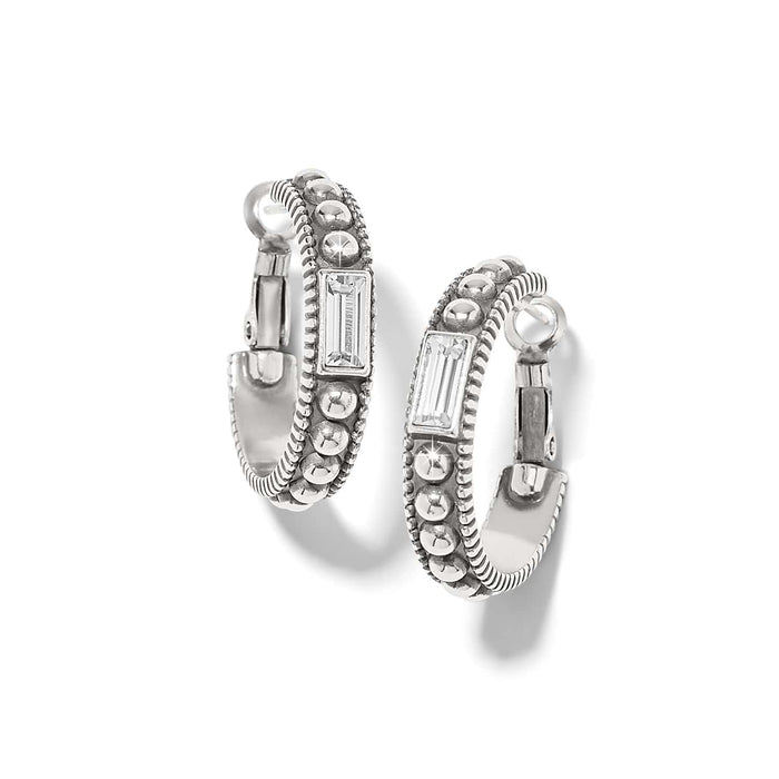 Brighton hoop earrings with silver-plated beaded design and rectangular crystal accents on a white background