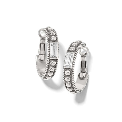 Brighton hoop earrings with silver-plated beaded design and rectangular crystal accents on a white background