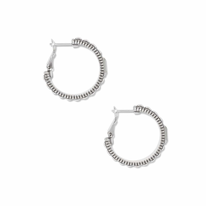 Brighton silver-plated hoop earrings with beaded scalloped edge detail and hinged closures on a white background
