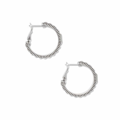 Brighton silver-plated hoop earrings with beaded scalloped edge detail and hinged closures on a white background