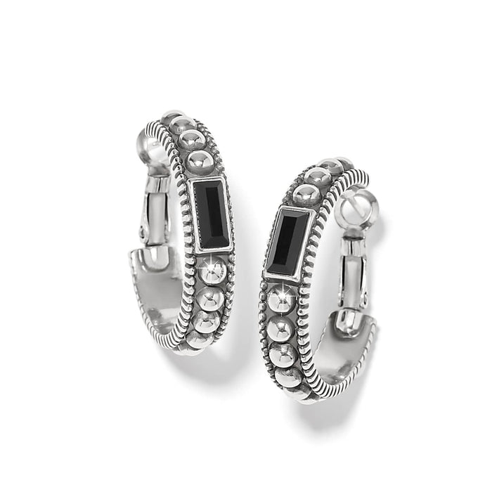 Brighton hoop earrings with silver-plated beaded design and black crystal baguette accents on a white background