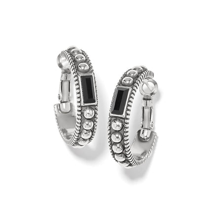 Brighton hoop earrings with silver-plated beaded design and black crystal baguette accents on a white background