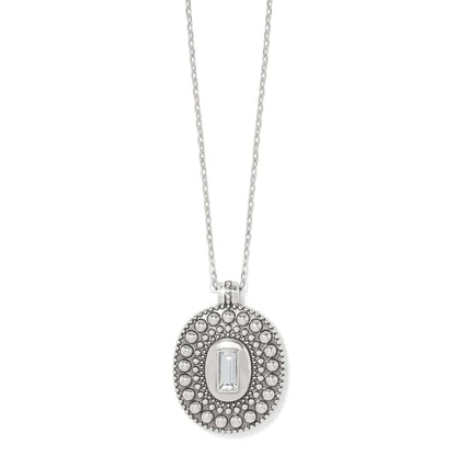 Brighton silver-plated pendant necklace with beaded oval medallion and rectangular crystal center on a white background