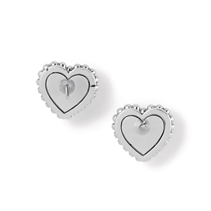 Brighton heart stud earrings shown from the back with silver-plated beaded edges and posts on a white background