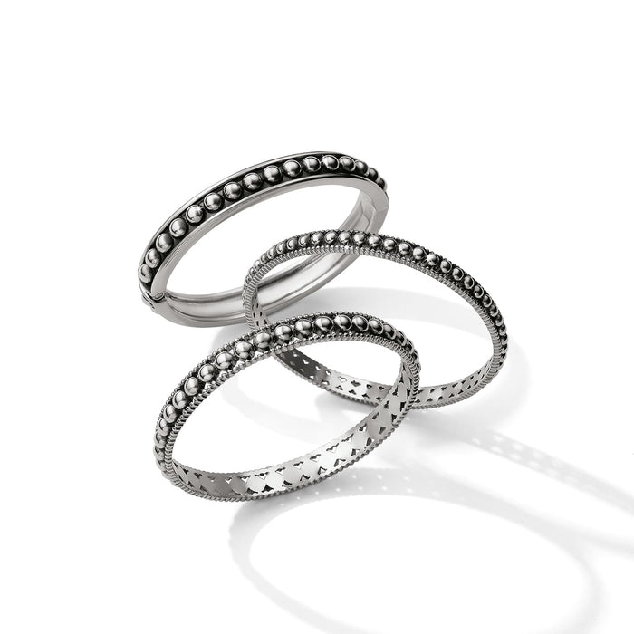 Brighton set of three silver-plated bangle bracelets with beaded and cutout heart patterns on a white background