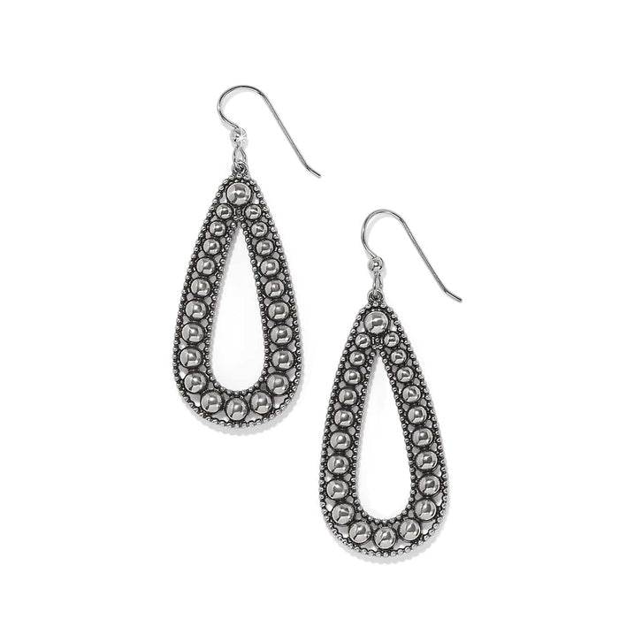 Brighton silver-plated teardrop drop earrings with beaded frame and polished round bead details on a white background