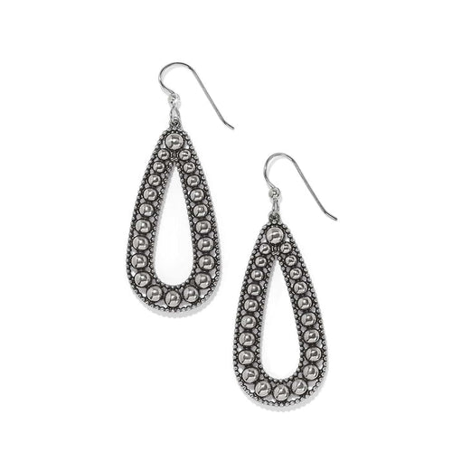 Brighton silver-plated teardrop drop earrings with beaded frame and polished round bead details on a white background