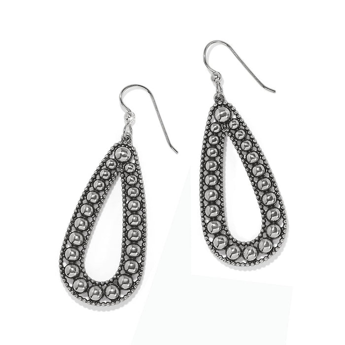 Brighton drop earrings with silver-plated beaded teardrop frames and French hook wires on a white background