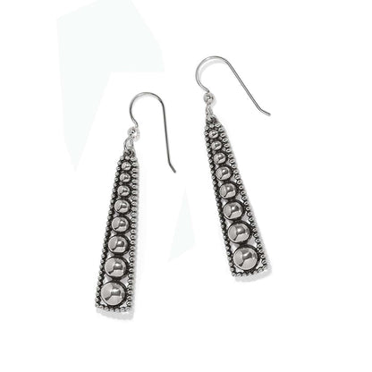 Brighton drop earrings with tapered silver-plated design featuring graduated beads and beaded trim on a white background