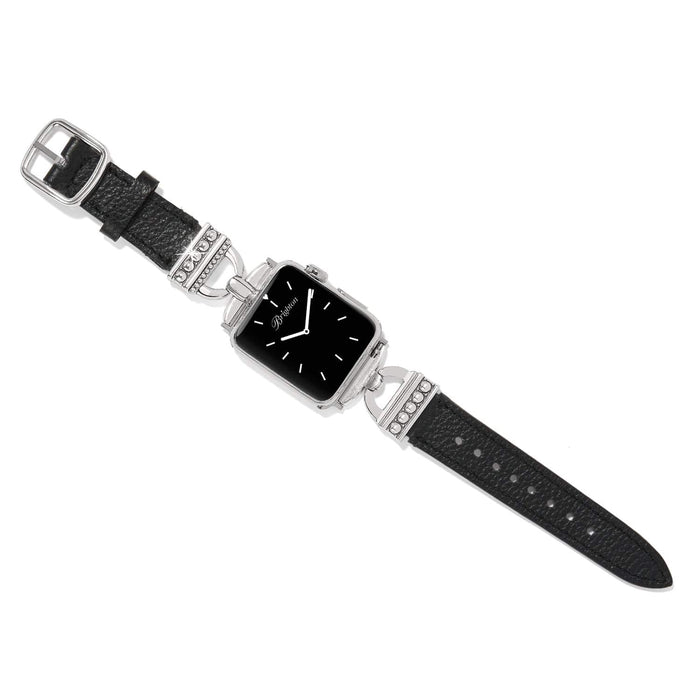 Brighton watch band in black leather with silver-plated beaded accents and buckle closure on a white background