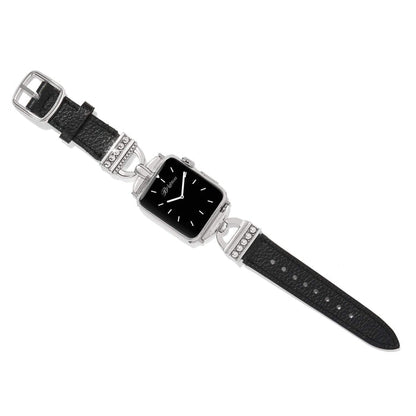 Brighton watch band in black leather with silver-plated beaded accents and buckle closure on a white background