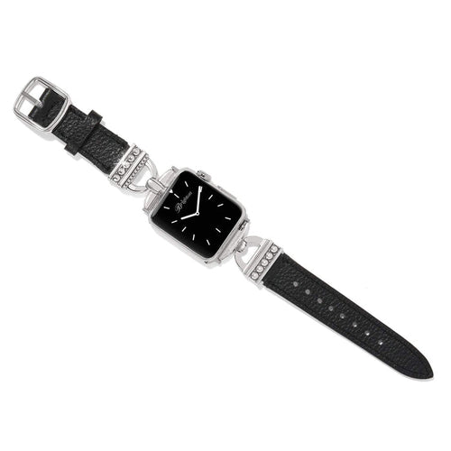 Brighton watch band in black leather with silver-plated beaded accents and buckle closure on a white background