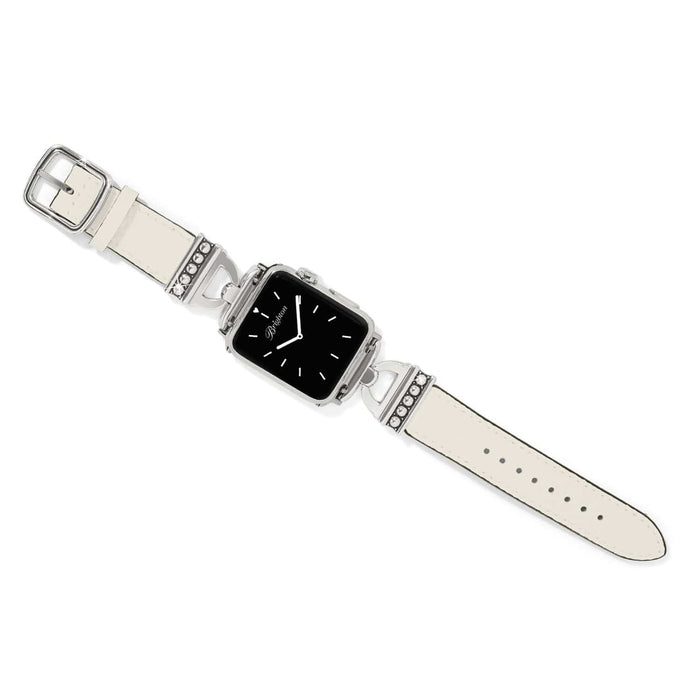 Brighton watch band in white leather with silver-plated buckle and crystal-accented hinged connectors on a white background