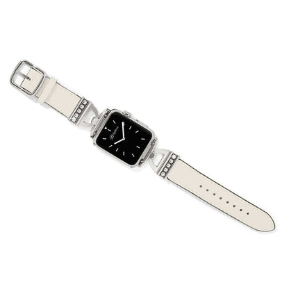 Brighton watch band in white leather with silver-plated buckle and crystal-accented hinged connectors on a white background