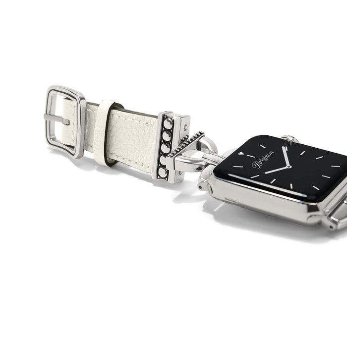 Brighton watch band with white leather strap, silver-plated buckle, and decorative studded accents on a white background