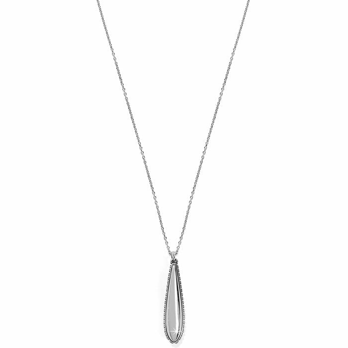 Brighton pendant necklace with elongated silver-plated teardrop and beaded edge detail on a white background