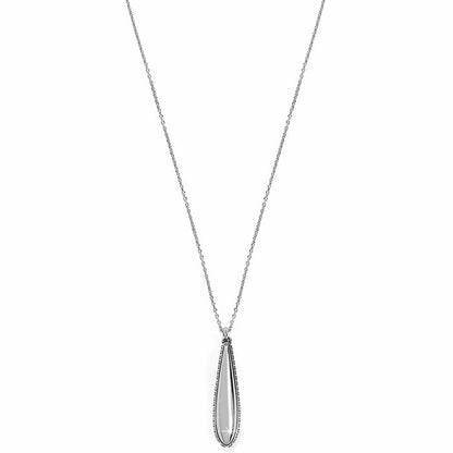 Brighton pendant necklace with elongated silver-plated teardrop and beaded edge detail on a white background