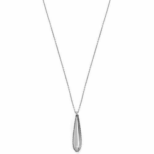 Brighton pendant necklace with elongated silver-plated teardrop and beaded edge detail on a white background
