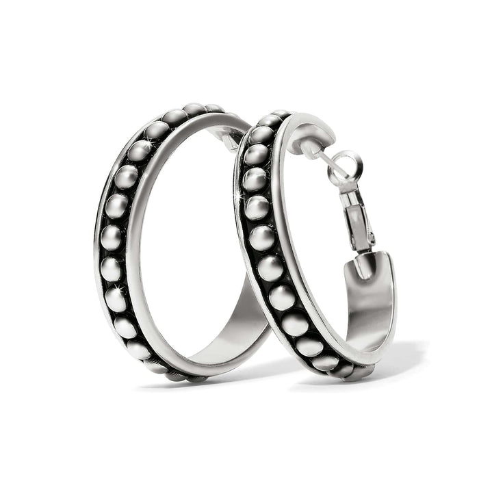 Brighton hoop earrings with silver-plated beaded design and hinged closures on a white background