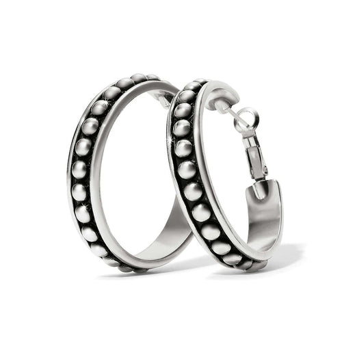 Brighton hoop earrings with silver-plated beaded design and hinged closures on a white background