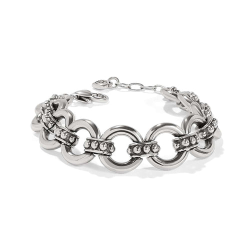 Brighton link bracelet with silver-plated circular rings and beaded connectors, featuring lobster clasp closure on a white background