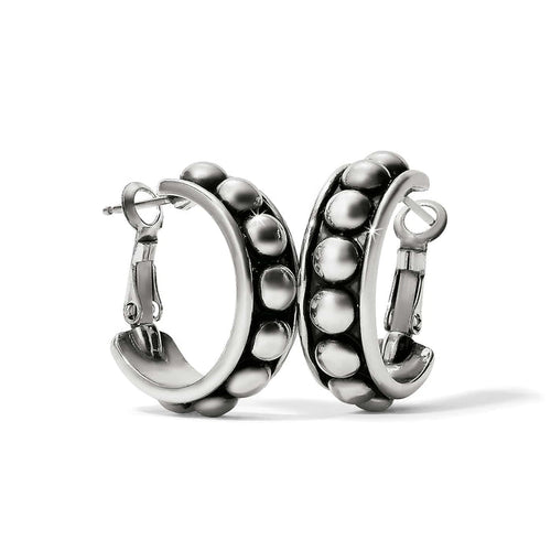 Brighton hoop earrings with silver-plated beaded design and post backs on a white background
