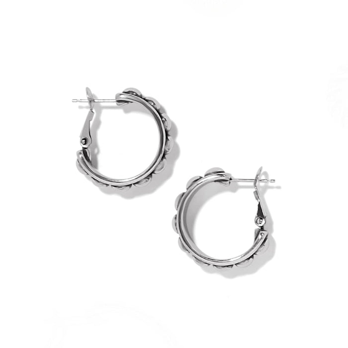 Brighton hoop earrings with silver-plated beaded outer edge and hinged closures shown from two angles on a white background
