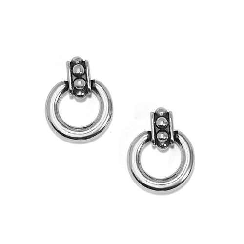 Brighton doorknocker earrings with silver-plated circular hoops and beaded top accents on a white background