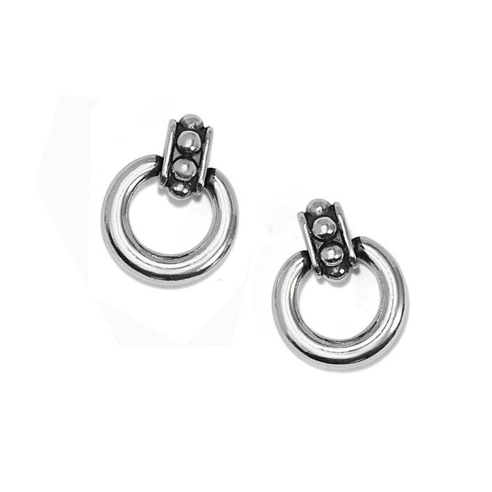 Brighton drop earrings with silver-plated open circles and beaded bar accents on a white background