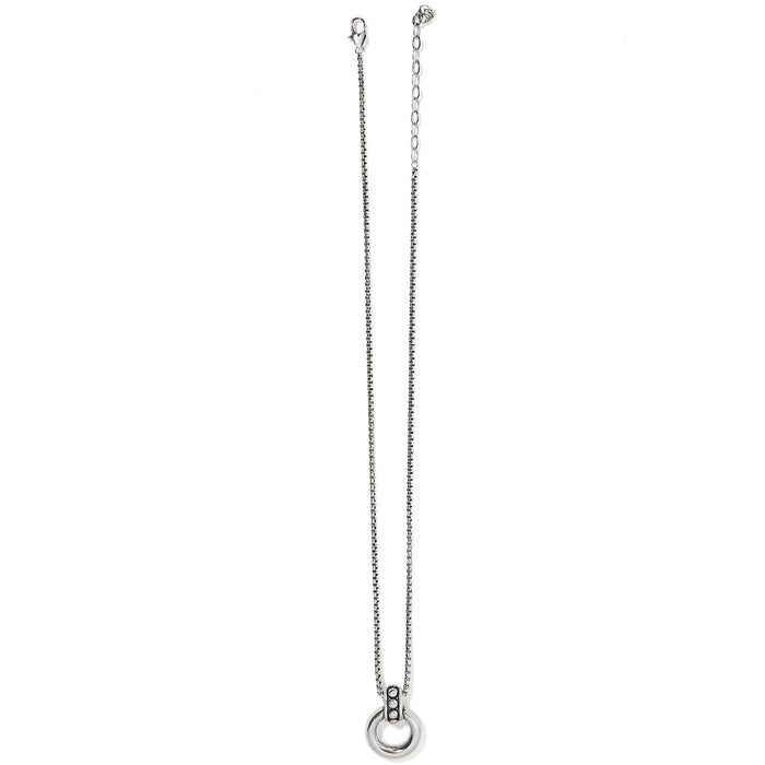 Brighton pendant necklace with silver-plated box chain, small circular ring pendant, and lobster clasp on a white background