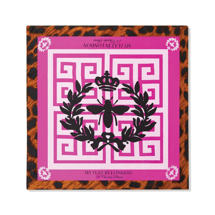 Brighton scarf with pink Greek key print, black bee crest, and leopard print border on a white background
