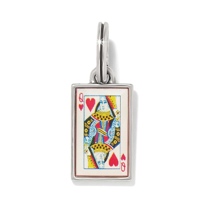 Brighton charm featuring Queen of Hearts playing card design with silver-plated frame and ring on a white background