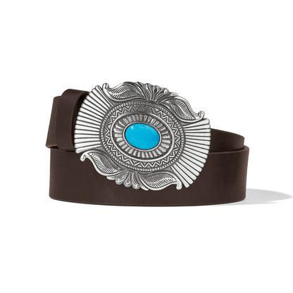 Brighton brown leather belt with ornate oval silver-tone buckle featuring turquoise stone center on a white background