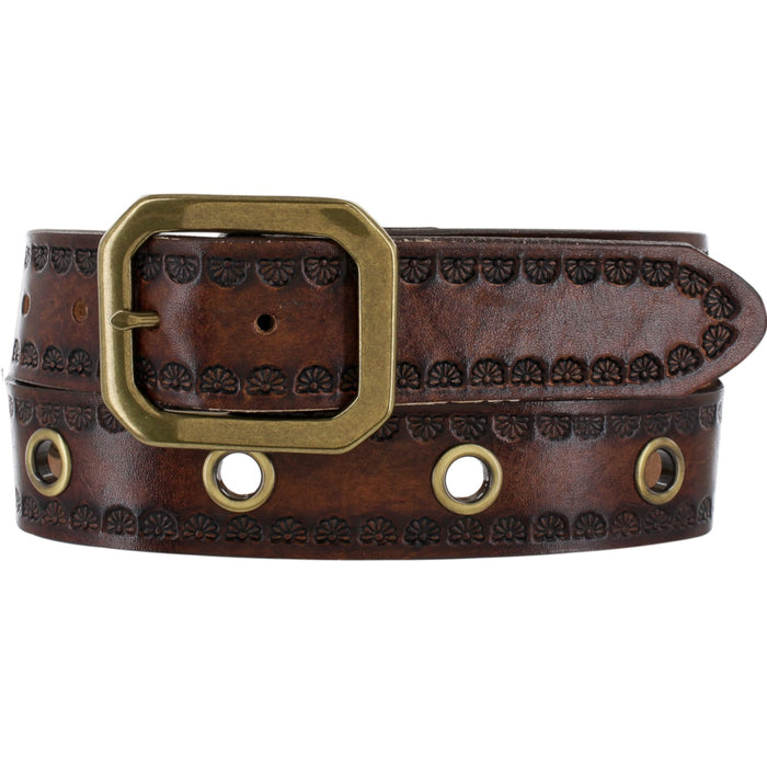 Brighton brown leather belt with floral embossed edges, brass-tone rectangular buckle, and grommet detailing on a white background