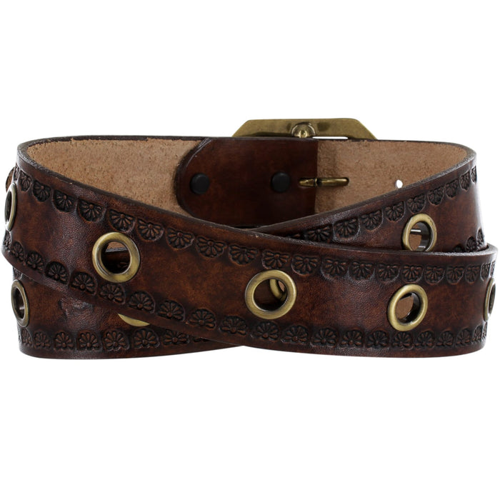Brighton brown leather belt with floral embossed edges, brass-tone grommets, and buckle on a white background